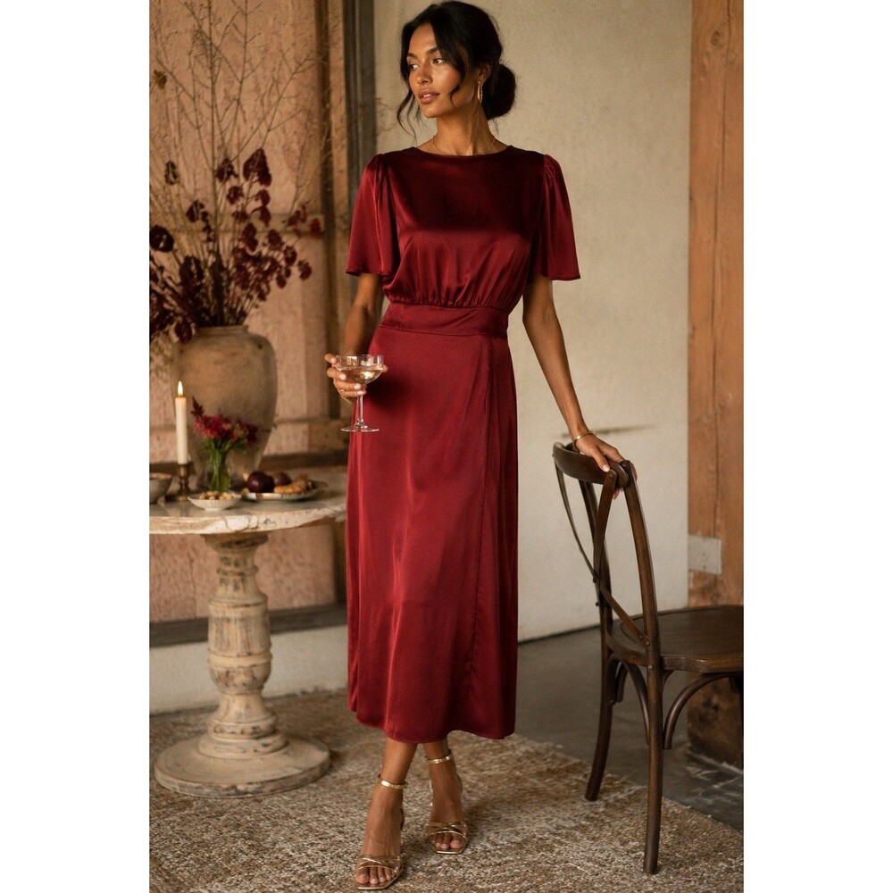 Sugarlips Burgundy Satin Midi Dress M Flutter Sleeve Wedding Guest GUC